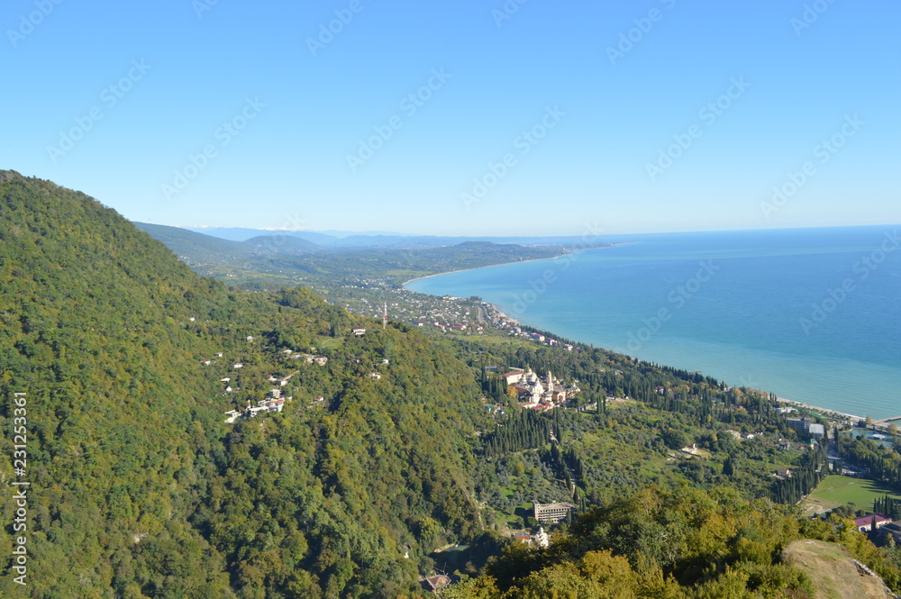 bird's eye view of the sea and mountains