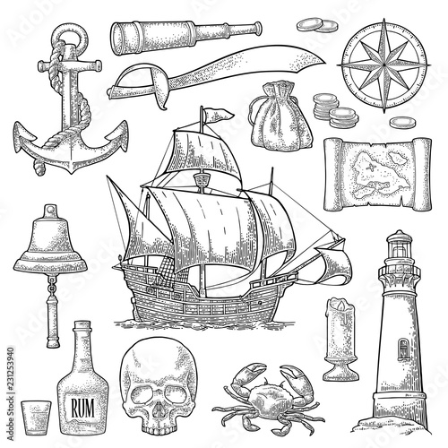 Set pirate adventure. Vector color vintage engraving