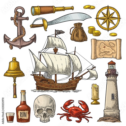 Set pirate adventure. Vector color vintage engraving