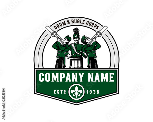 Hand Drawing Vector Marching Band Club Playing Music with a Drum and Trumpet Sign Symbol Festival Vintage Logo Template Design Inspiration