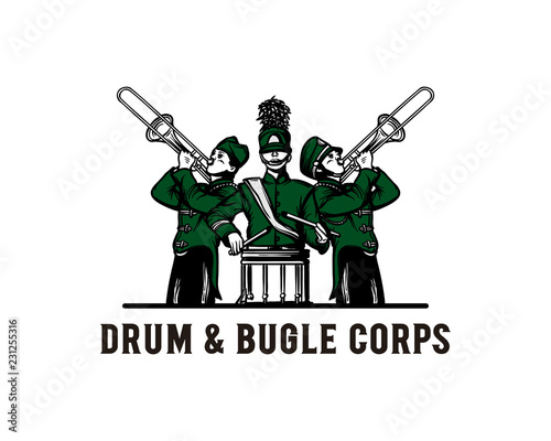 Hand Drawing Vector Marching Band Club Playing Music with a Drum and Trumpet Sign Symbol Festival Logo Template Design Inspiration