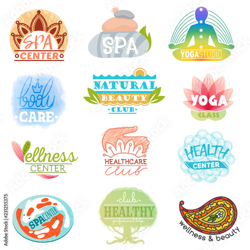 Spa logo vector beauty spa-center logotype lettering design with flower or leaf symbol illustration natural set of floral health care yoga sign isolated on white background