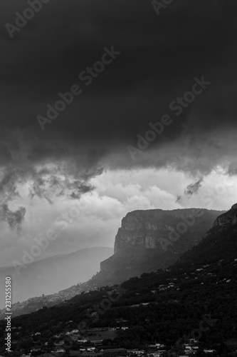Dramatic mountain landscape before storm. Black and white