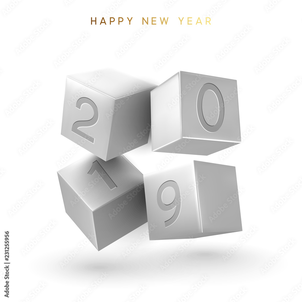 2019 New Year number cubes. Minimal abstract art with geometric shapes stylish background with 3d elements cube. Fashion poster, banner, card design vector illustration 2019 New Year number cubes. Minimal abstract art with geometric shapes stylish background with 3d elements cube. Fashion poster, banner, card design vector illustration