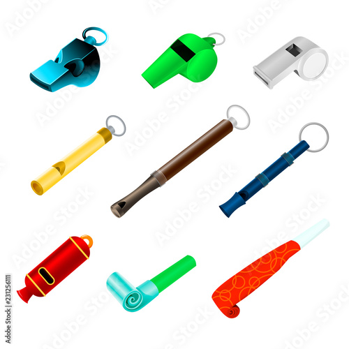 Whistle vector sport blowing equipment referee judge game and coach whistling sound tool illustration set of trainer whistle-blowing on competition isolated on white background