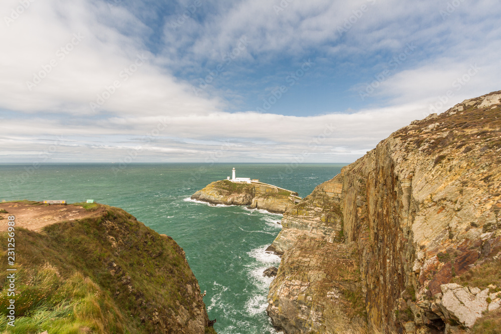 White lighthouse at South Stack.
