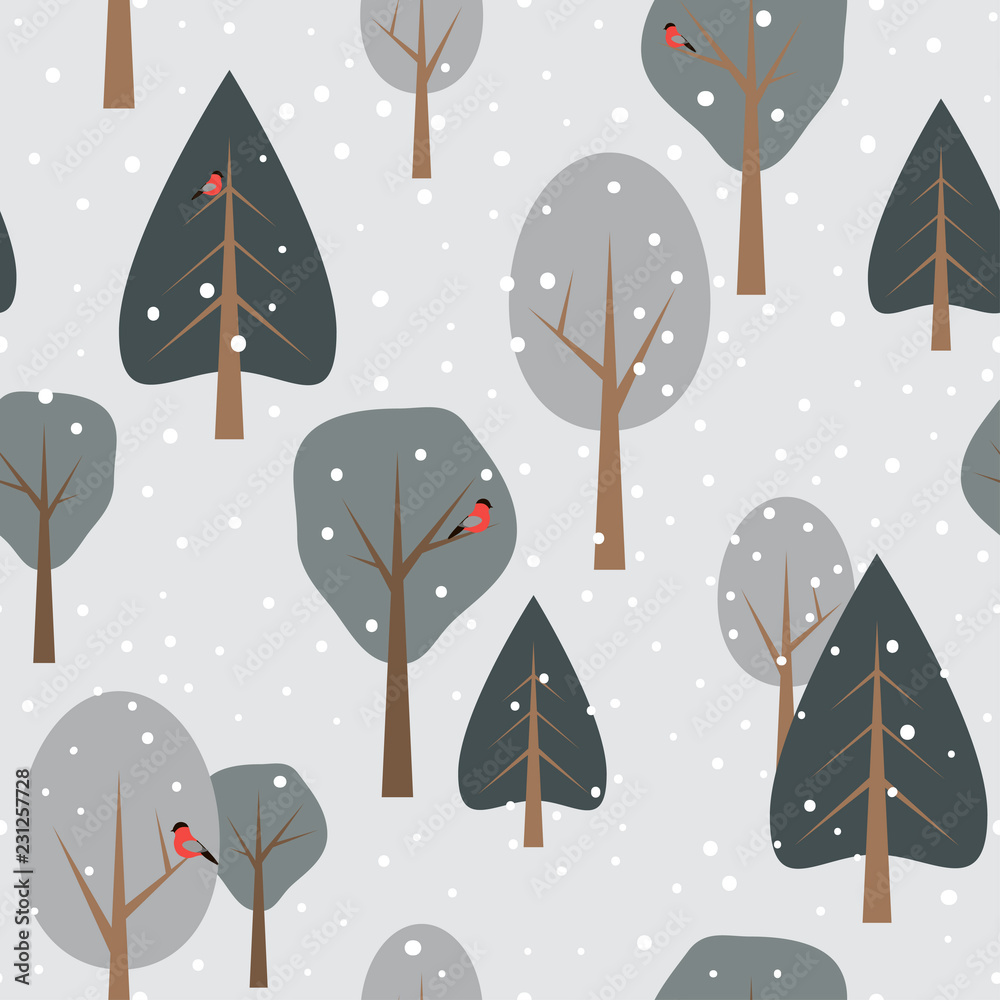 Winter forest seamless pattern with birds and snowfall. Vector.
