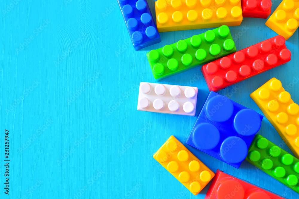 Building kit. Kindergarten background with a copy space. Preschooler’s
