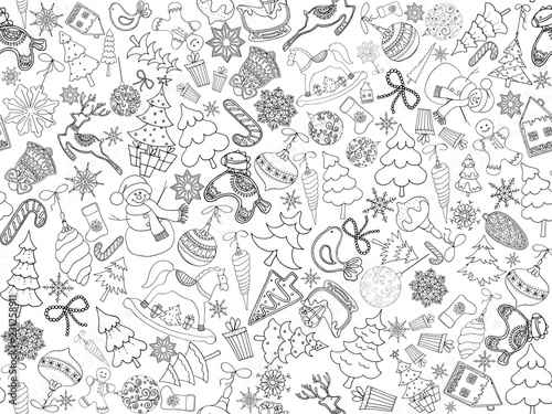 Seamless pattern of hand drawn doodle style Christmas related objects isolated on white background. Vector illustration.