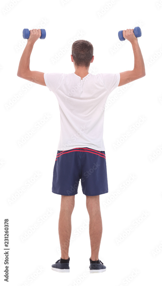 rear view.young man with dumbbells rear view.young man with dumbbells