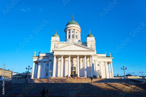 Helsinki Cathedral on a sunset light against a blue sky,