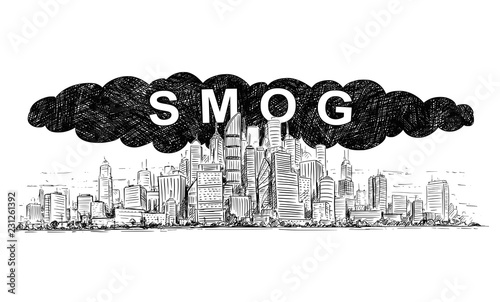 Plakat Wektor artystyczny długopis i atrament rysunek ilustracja wieżowca i smogu obejmującego miasto przez zanieczyszczenie powietrza.