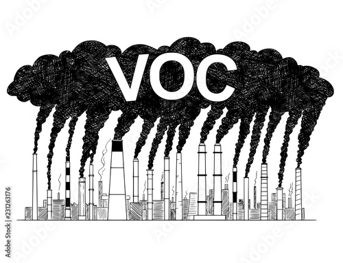 Vector artistic pen and ink drawing illustration of smoke coming from industry or factory smokestacks or chimneys into air. Environmental concept of air pollution and VOC or volatile organic compound photo