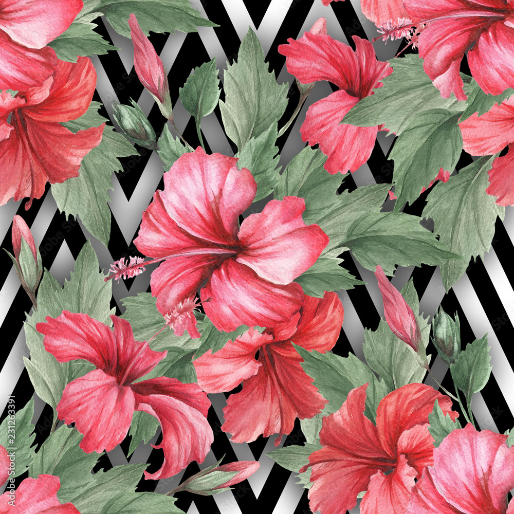 Seamless pattern with watercolor hibiscus flowers on abstract white black geometric background.