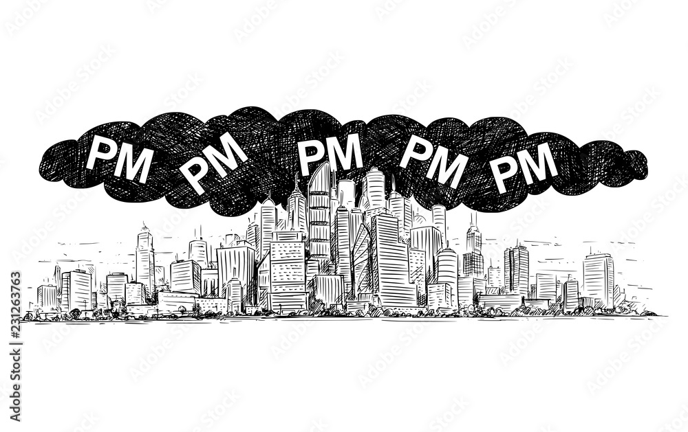 Vector artistic pen and ink drawing illustration of high rise building and smog covering the city. Environmental concept of particulate matter or PM air pollution. Vector artistic pen and ink drawing illustration of high rise building and smog covering the city. Environmental concept of particulate matter or PM air pollution.