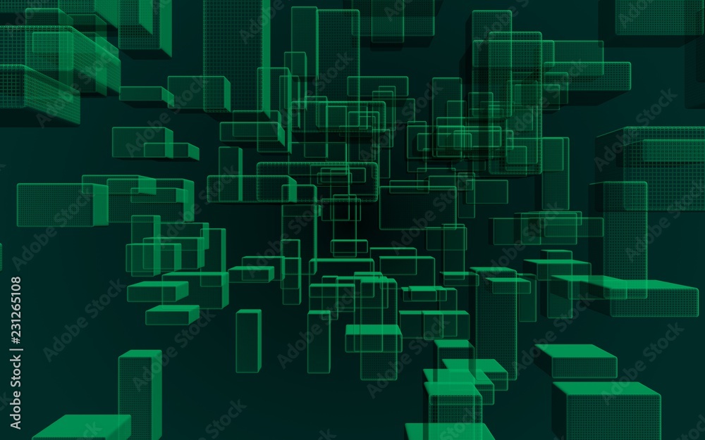 Green and dark abstract digital and technology background. The pattern with repeating rectangles. 3D illustration