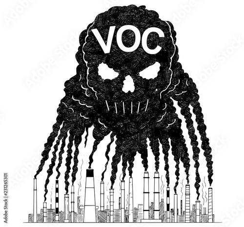 Vector artistic pen and ink drawing illustration of smoke coming from industry or factory smokestacks or chimneys creating human skull shape in air. Environmental concept of toxic and deadly VOC or