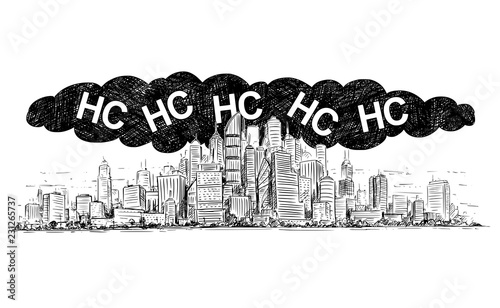 Vector artistic pen and ink drawing illustration of high rise building and smog covering the city. Environmental concept of toxic HC or hydrocarbon air pollution.