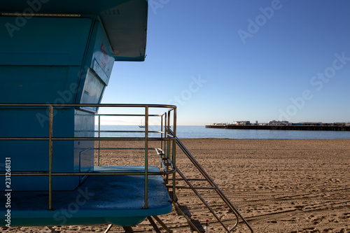 Life guard station at amusement park boardwalk on the beach