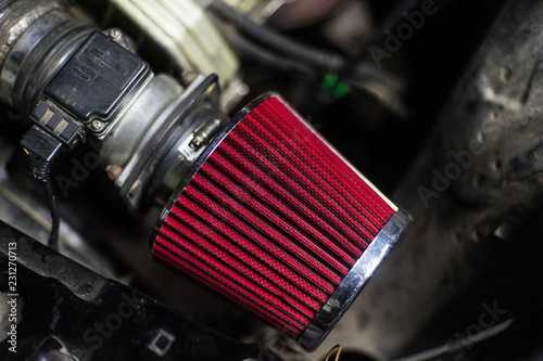 High performance red air filter of sport car