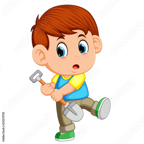 Boy pretending to dig with clean new unused shovel