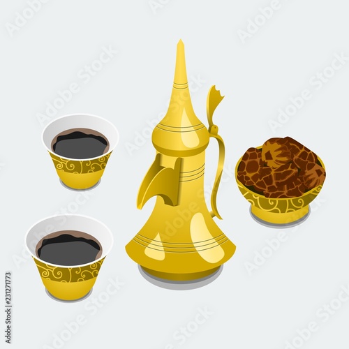 Isolated Three-Quarter Top View Arabian Coffee and Dates in a Bowl Vector Illustration for Cafe with Middle Eastern Culture Tradition and Islamic Moments Related Design