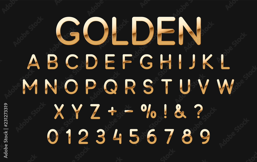 Gold font and alphabet. Golden letters and numbers on black background