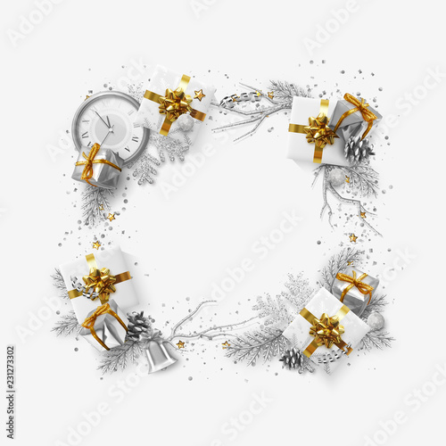 Christmas bright background with silver decorations. Xmas greeting card. Happy New Year. Festive objects in the form of border white gifts  bauble balls  shiny snowflake  old watches and tinsel