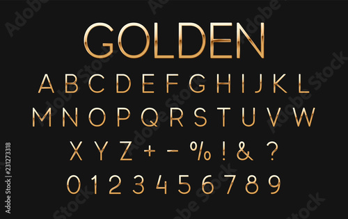 Gold font and alphabet. Golden letters and numbers on black background
