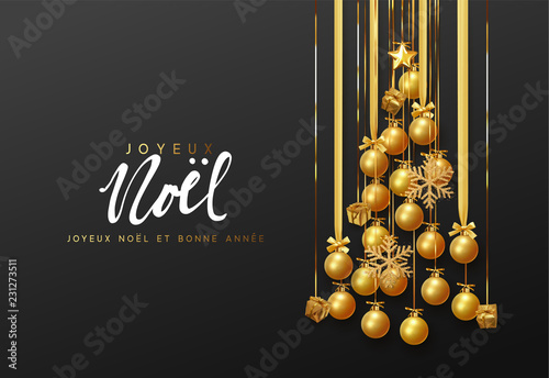 French text Joyeux Noel. Merry Christmas and Happy New Year. Golden christmas balls hanging design on the ribbon, gold gift and bright snowflakes in the shape of pine tree.