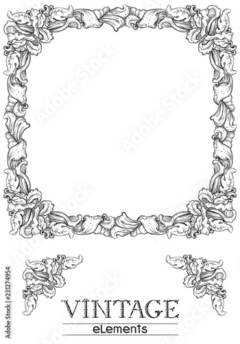 Vintage frame. Vector retro ornate border at old engraving style..