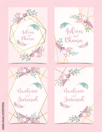 Geometry pink gold wedding invitation card with rose,leaf,ribbon,wreath,feather and frame