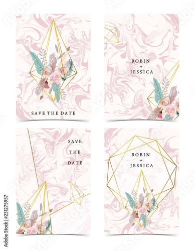 Geometry pink gold wedding invitation card with rose,leaf,ribbon,wreath,feather and frame
