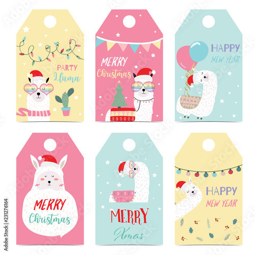 Tag and label with llama,flag,light,flower,leaf,balloon in merry christmas