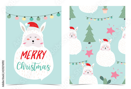 Green hand drawn cute card with head llama, star, and light in merry christmas