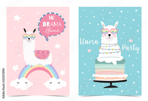 Blue pink hand drawn cute card with llama, star,glasses,cactus,balloon and rainbow.No drama llama in bubble