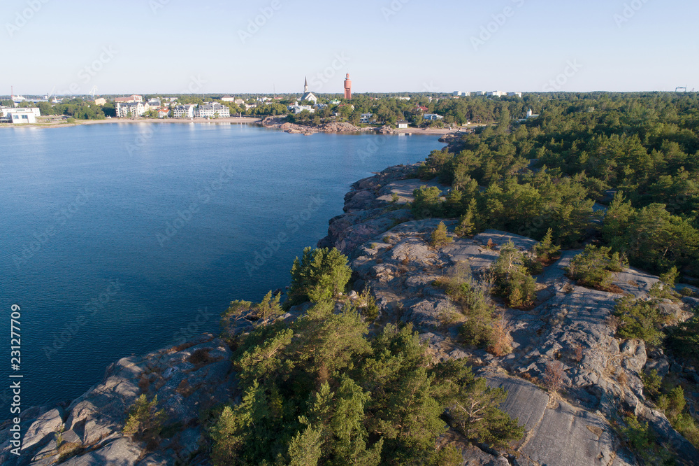 Over the rocky coast of the Hanko peninsula on a sunny summer day. Southern Finland