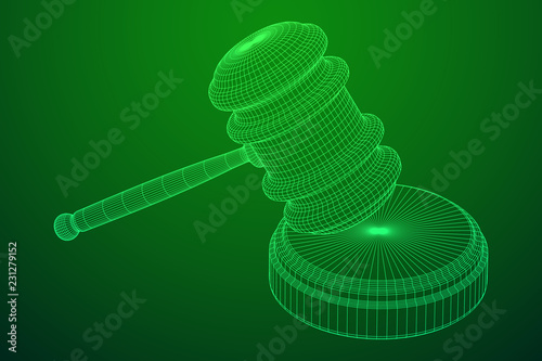 Gavel, hammer of judge or auctioneer. Wireframe low poly mesh vector illustration