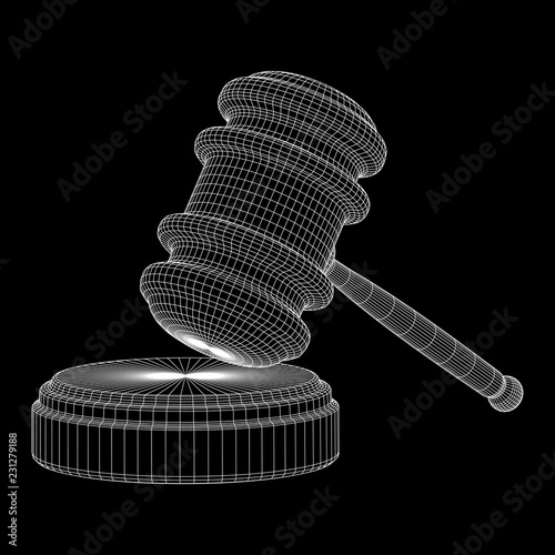 Gavel, hammer of judge or auctioneer. Wireframe low poly mesh vector illustration