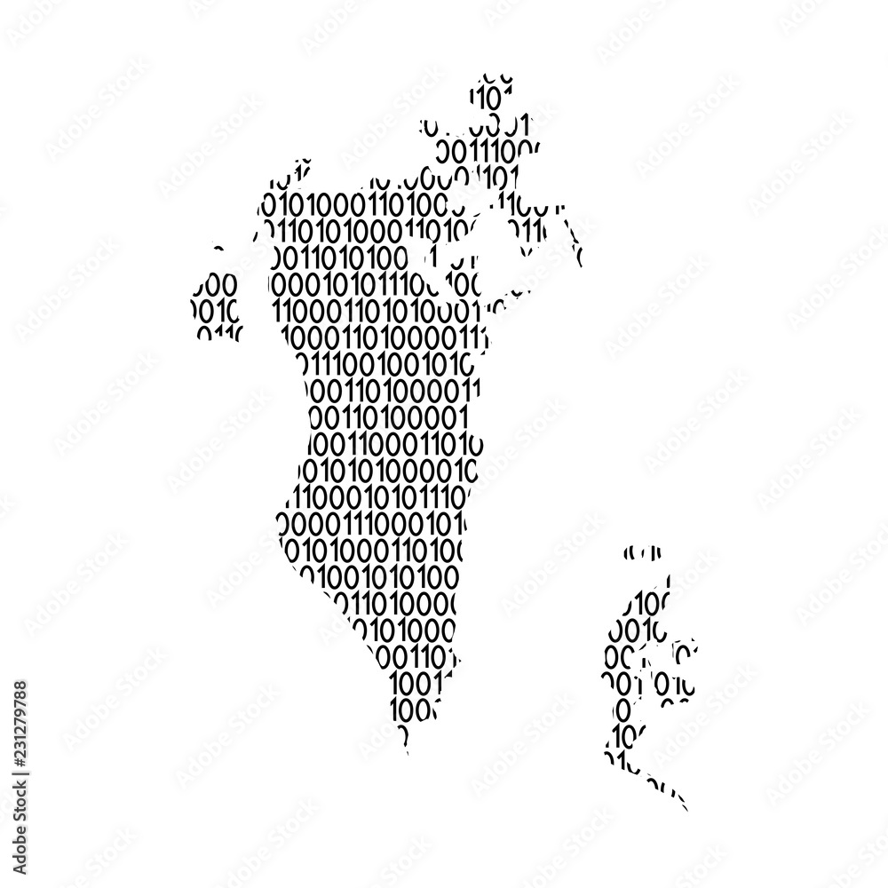 Bahrain map abstract schematic from black ones and zeros binary digital code. Vector illustration.
