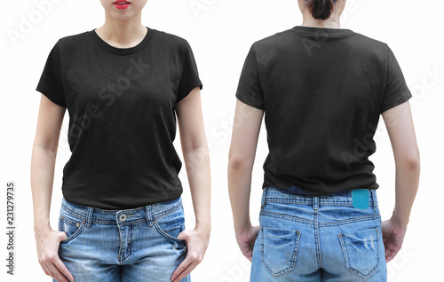 Young woman in black shirt on white background. with clipping path