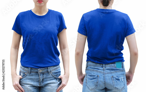 Canvas Print Young woman in blue shirt on white background.