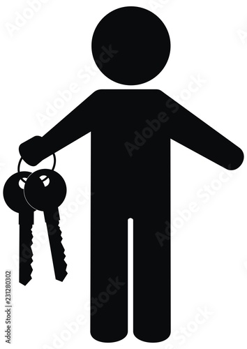 Black silhouette of person and keys, vector icon. Single man with two keys. Web icon.
