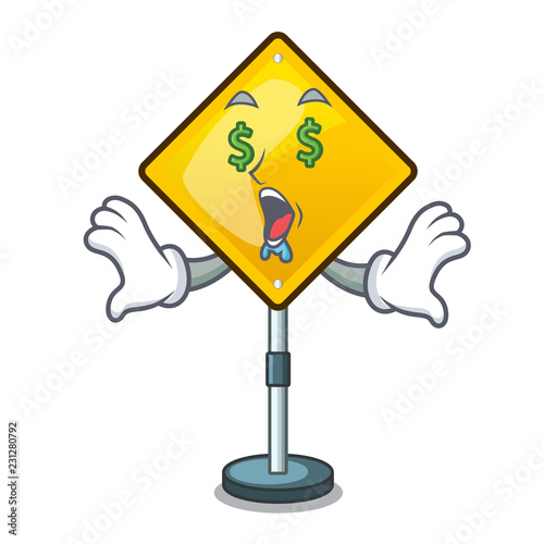 Money eye warning sign with exclamation mark mascot