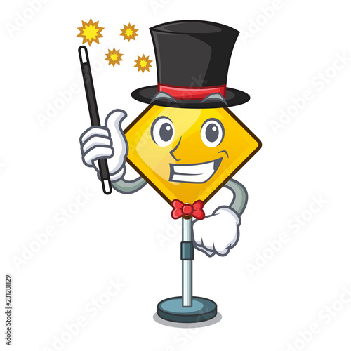 Magician warning sign with exclamation mark mascot