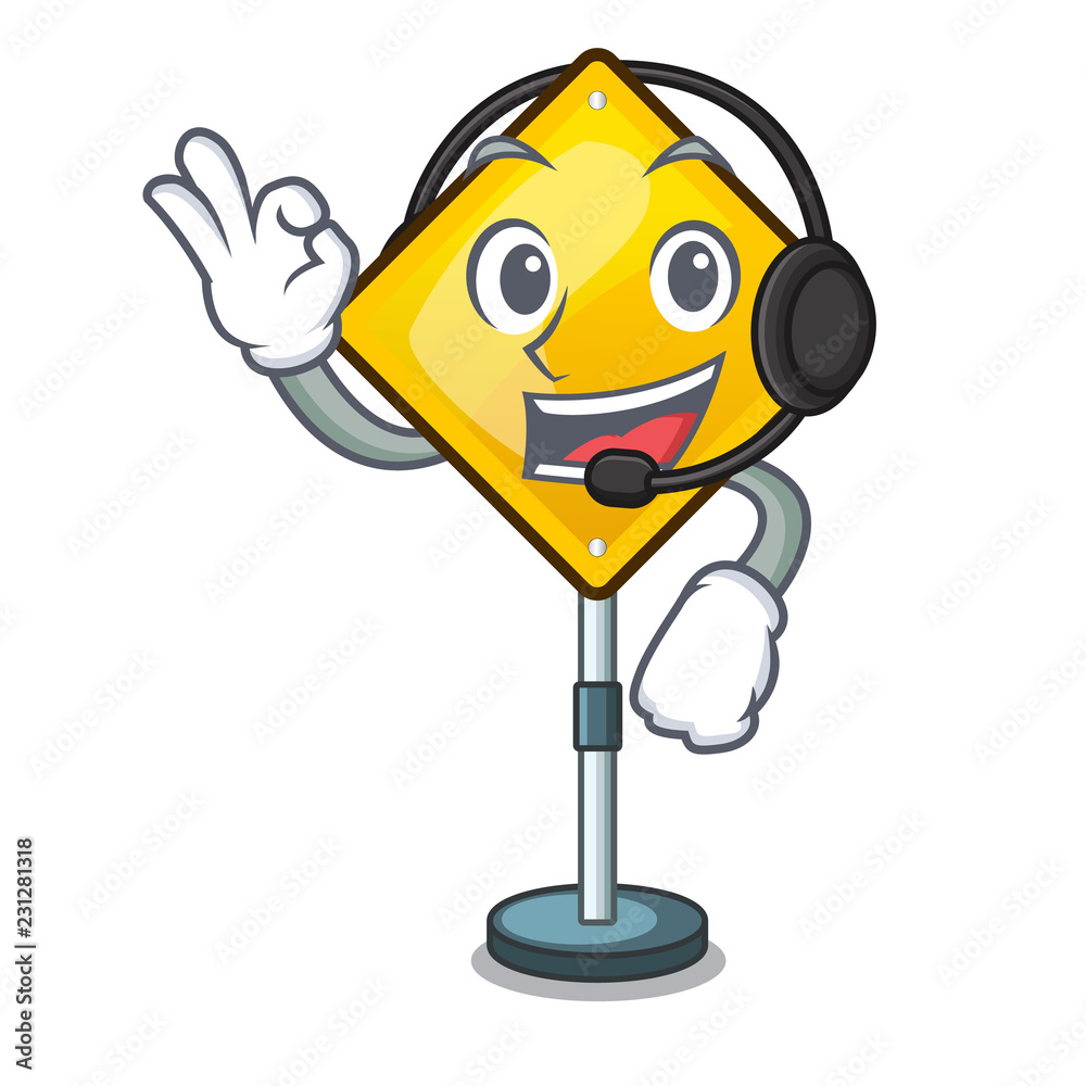 With headphone warning sign with exclamation mark mascot Stock Vector