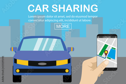 car sharing concept,blue car and hand holding smartphone with carsharing app