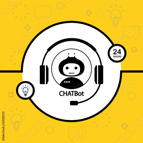 Chatbot concept background,black and white robot and headphones in circle