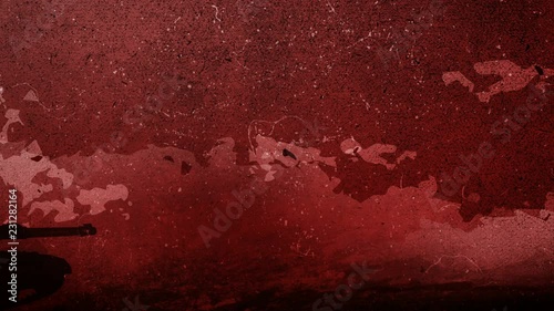 Hand drawn silhouette of two War Tanks are moving across to the rough battlefield in front of the red sky, dawn with the moving clouds Hand Drawing animation 4K Looped video