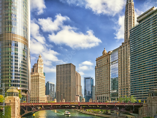 The Chicago River at Wabash Avenue in Chicago, USA. Modern Cityscape. photo